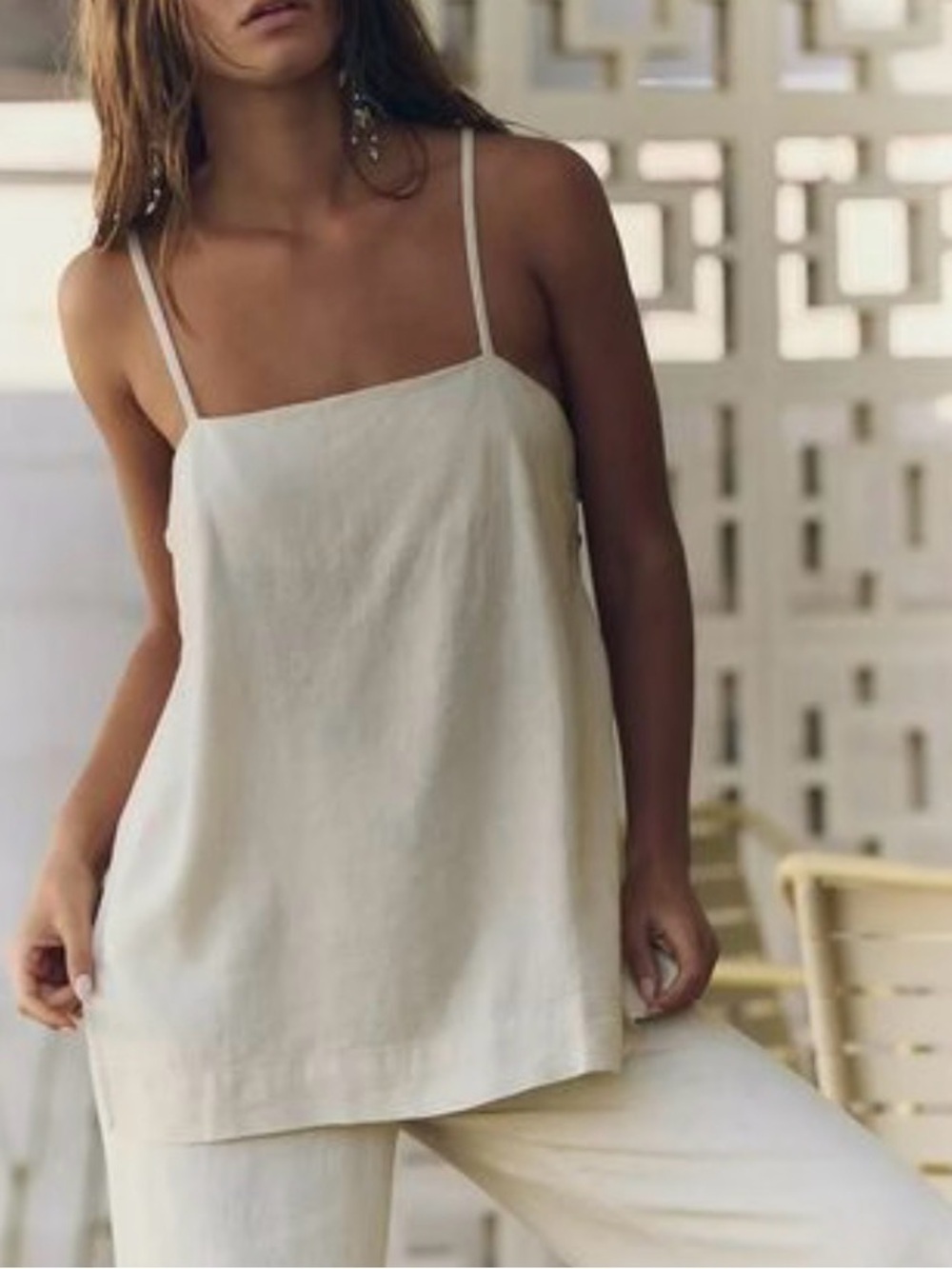 Free People Cream Linen Square-Neck Tank Top